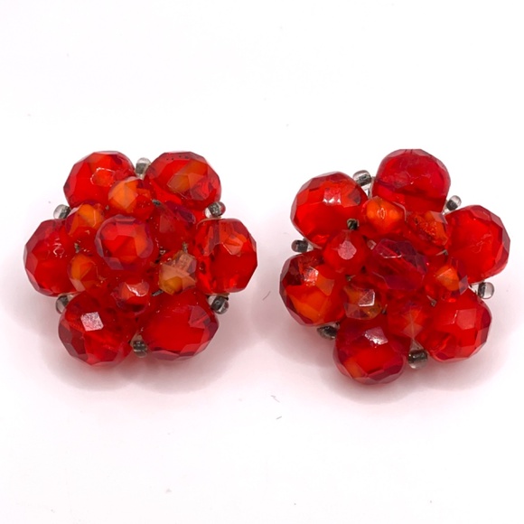 West Germany Signed Vintage Red Crystal Bead Clip-on Earrings - Picture 1 of 13